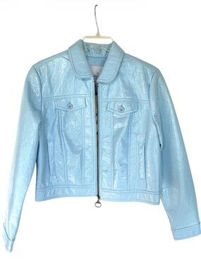 NAF NAF Paris Blue Faux Leather Jacket Cropped Patent Crinkle Moto 42 or M